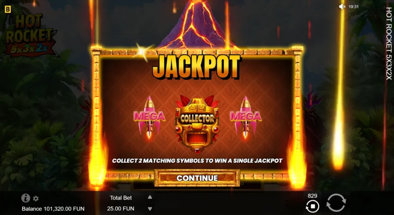 Hot Rocket 5x 3x 2x - lancering van Jackpot Spins met raketverzamelaar in het midden