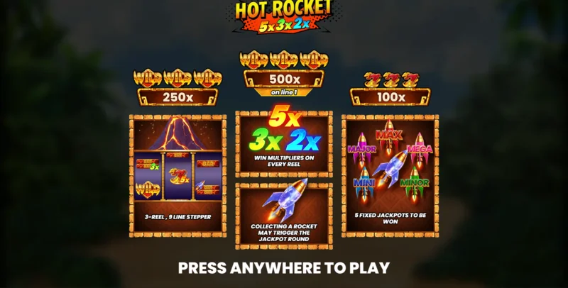 Hot Rocket 5x 3x 2x - hoofdmenu met rollen en startknop
